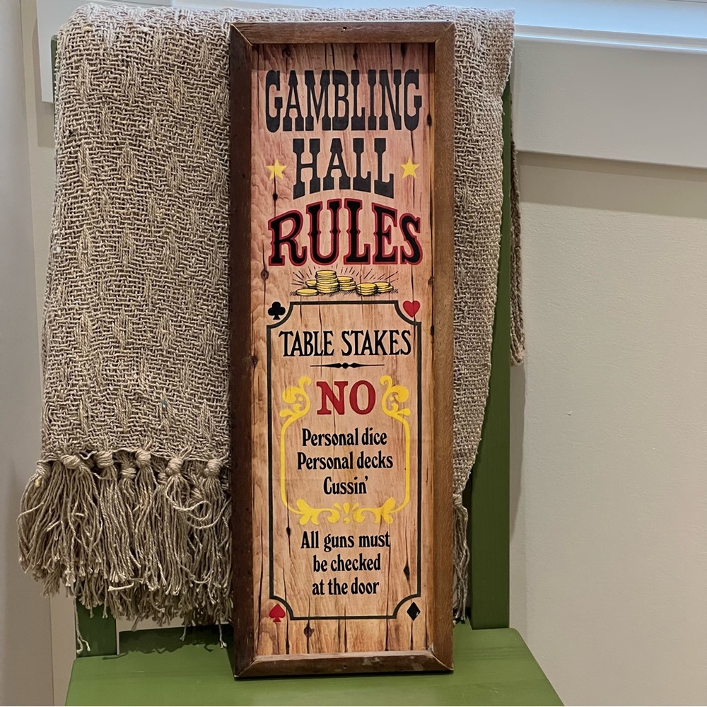 Vintage Wooden Wall Plaque “Gambling Hall Rules” Rustic Bar Man Cave Decor